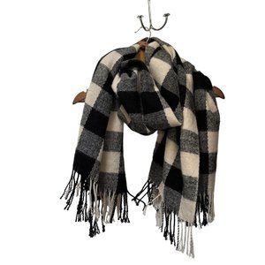 Black Cream Check Winter Scarf Chunky 100% Acrylic Fringe Warm Soft 25” x 76”